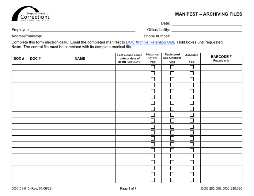 Form DOC01-015 Manifest - Archiving Files - Washington