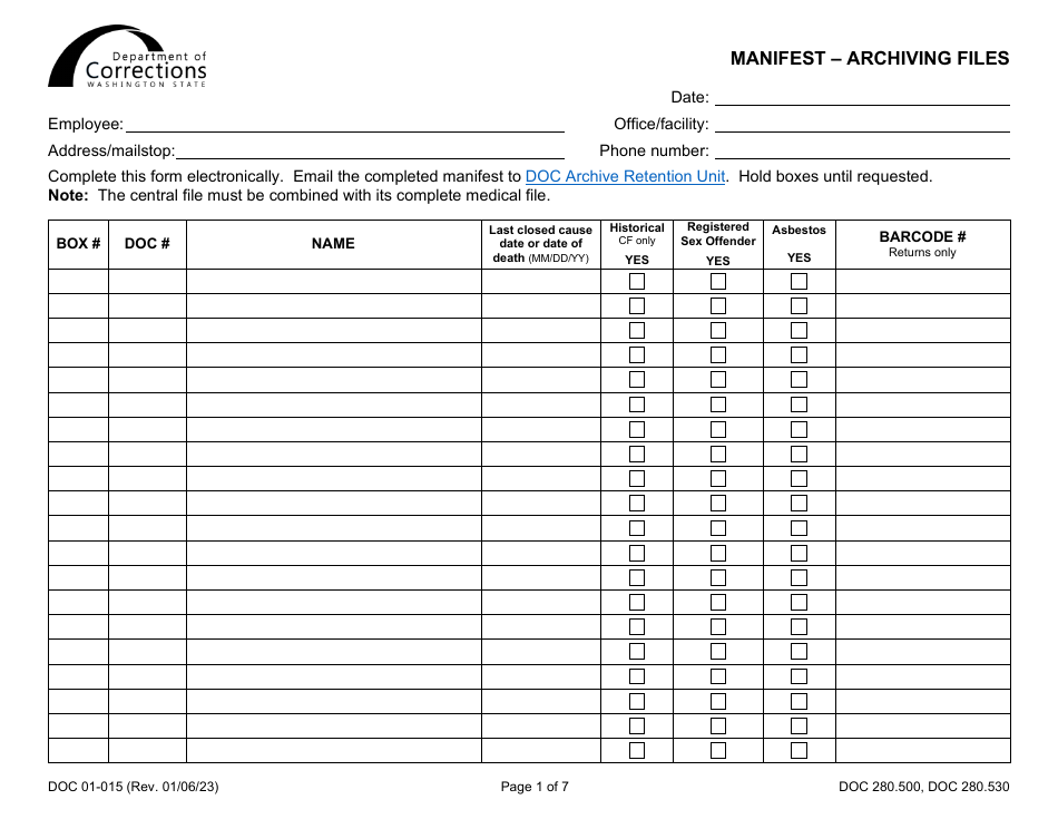 Form DOC01-015 Manifest - Archiving Files - Washington, Page 1