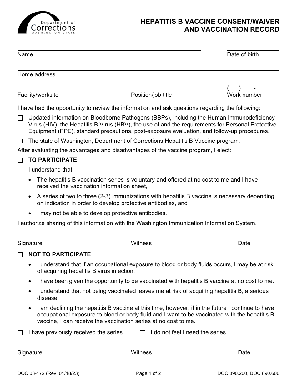 Form DOC03-172 Download Printable PDF or Fill Online Hepatitis B ...