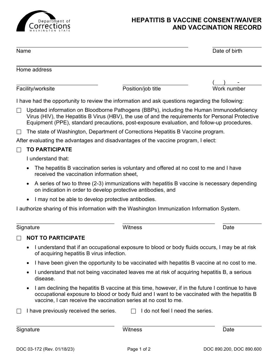 Form DOC03-172 Hepatitis B Vaccine Consent / Waiver and Vaccination Record - Washington, Page 1