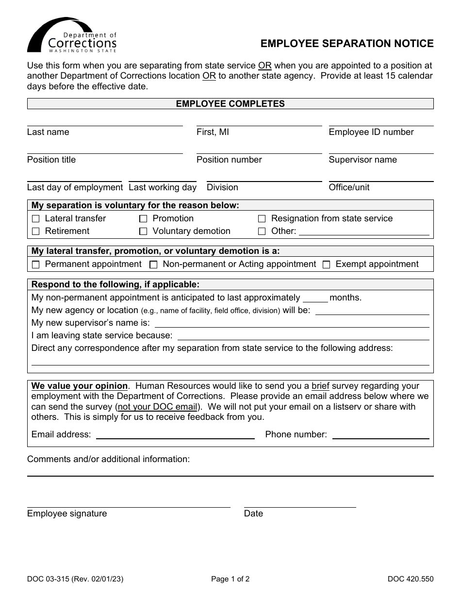 Form DOC03-315 Employee Separation Notice - Washington, Page 1