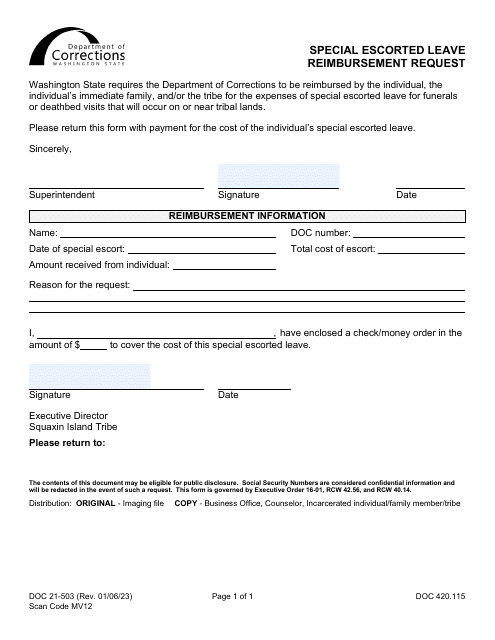 Form DOC21-503 Special Escorted Leave Reimbursement Request - Washington