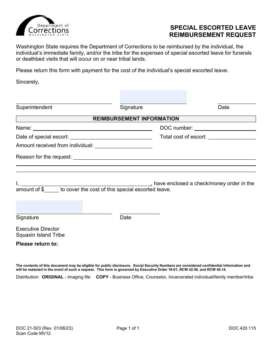 Form DOC21-503 Special Escorted Leave Reimbursement Request - Washington, Page 1