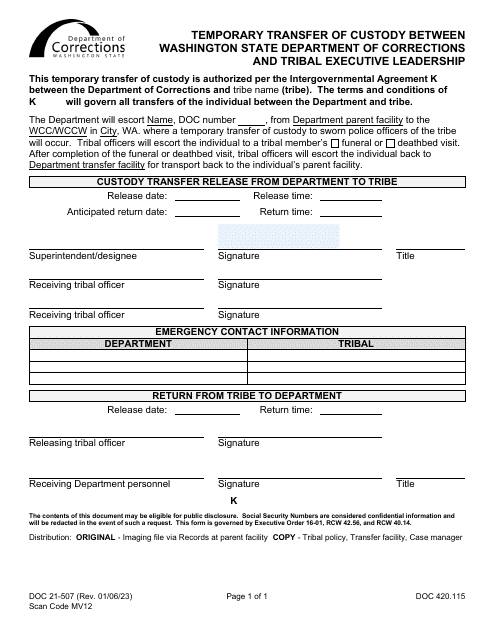 Form DOC21-507 Temporary Transfer of Custody Between Washington State Department of Corrections and Tribal Executive Leadership - Washington