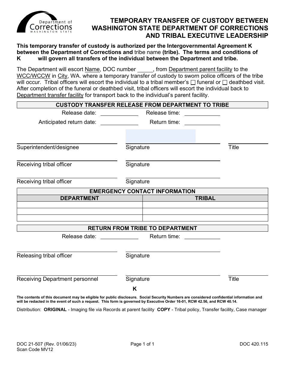 Form DOC21-507 Temporary Transfer of Custody Between Washington State Department of Corrections and Tribal Executive Leadership - Washington, Page 1