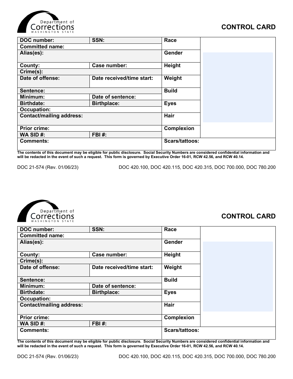 Form DOC21-574 Control Card - Washington, Page 1