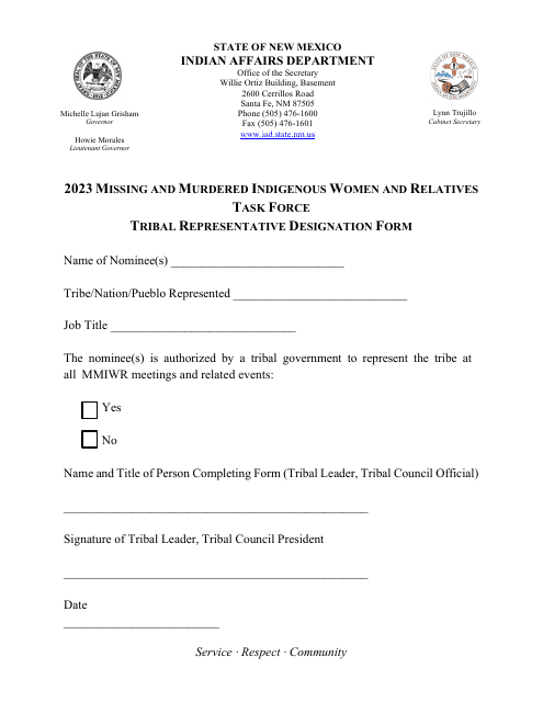 Missing and Murdered Indigenous Women and Relatives Task Force Tribal Representative Designation Form - New Mexico, 2023