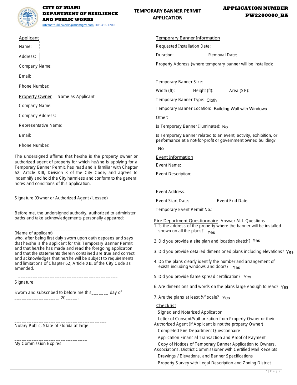 Temporary Banner Permit Application - City of Miami, Florida, Page 1
