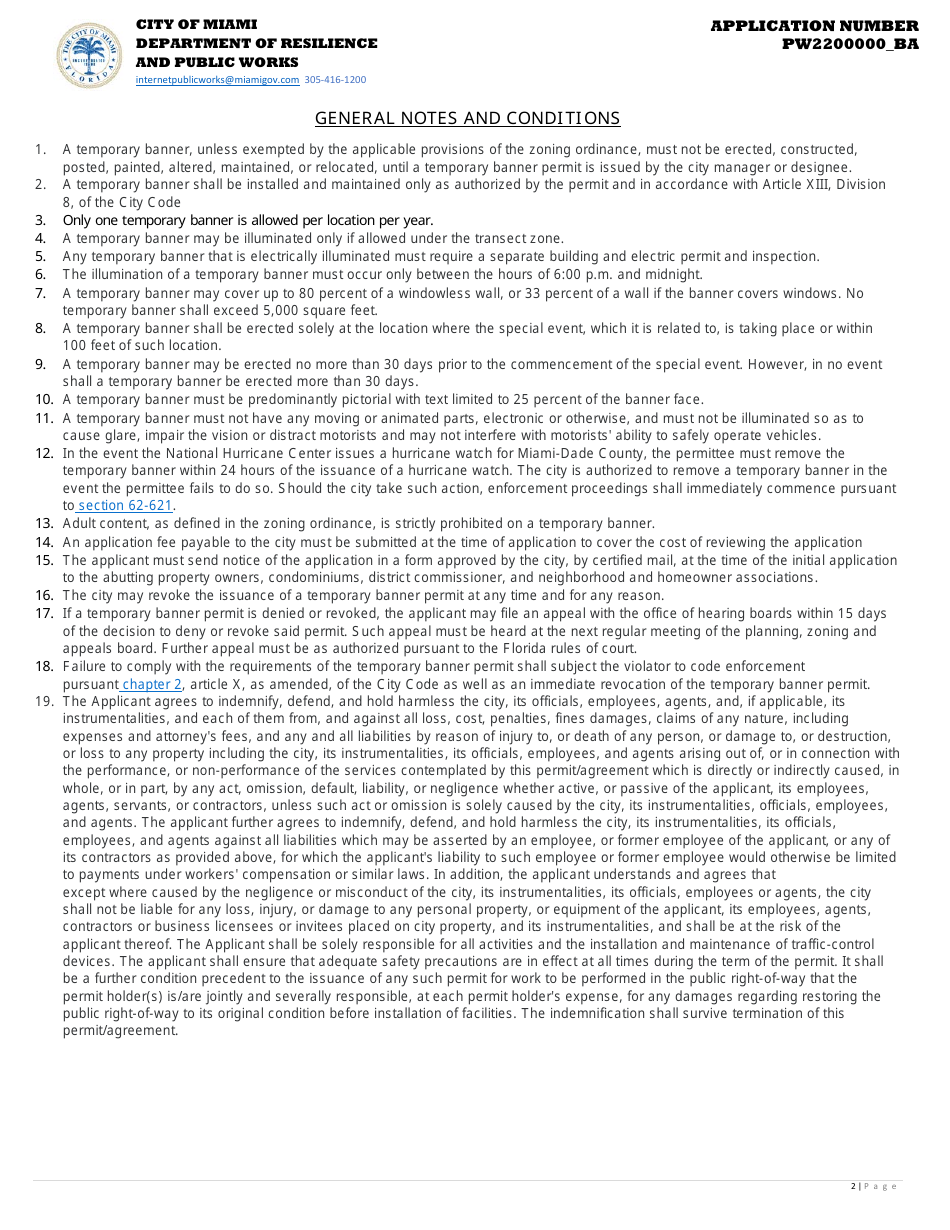 Temporary Banner Permit Application - City of Miami, Florida, Page 2