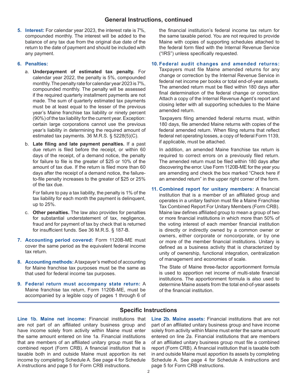 Instructions for Form 1120B-ME Maine Franchise Tax Return for Financial Institutions - Maine, Page 2