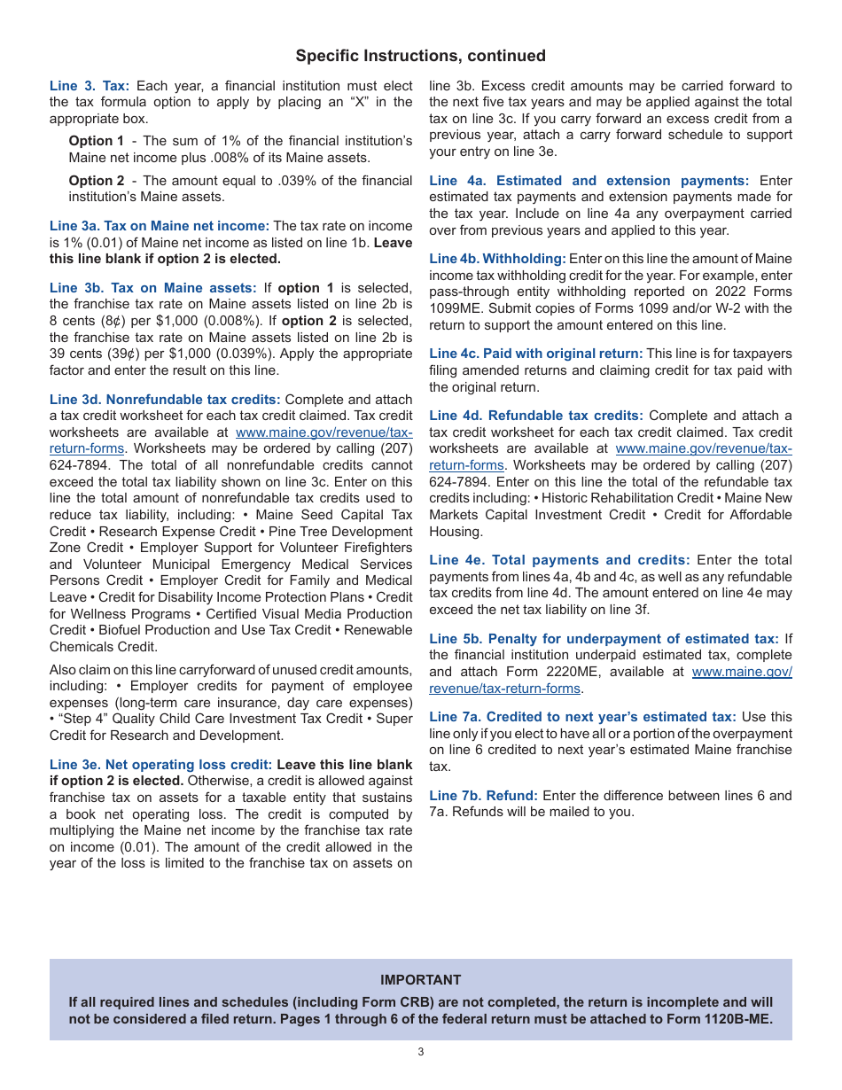 Instructions for Form 1120B-ME Maine Franchise Tax Return for Financial Institutions - Maine, Page 3