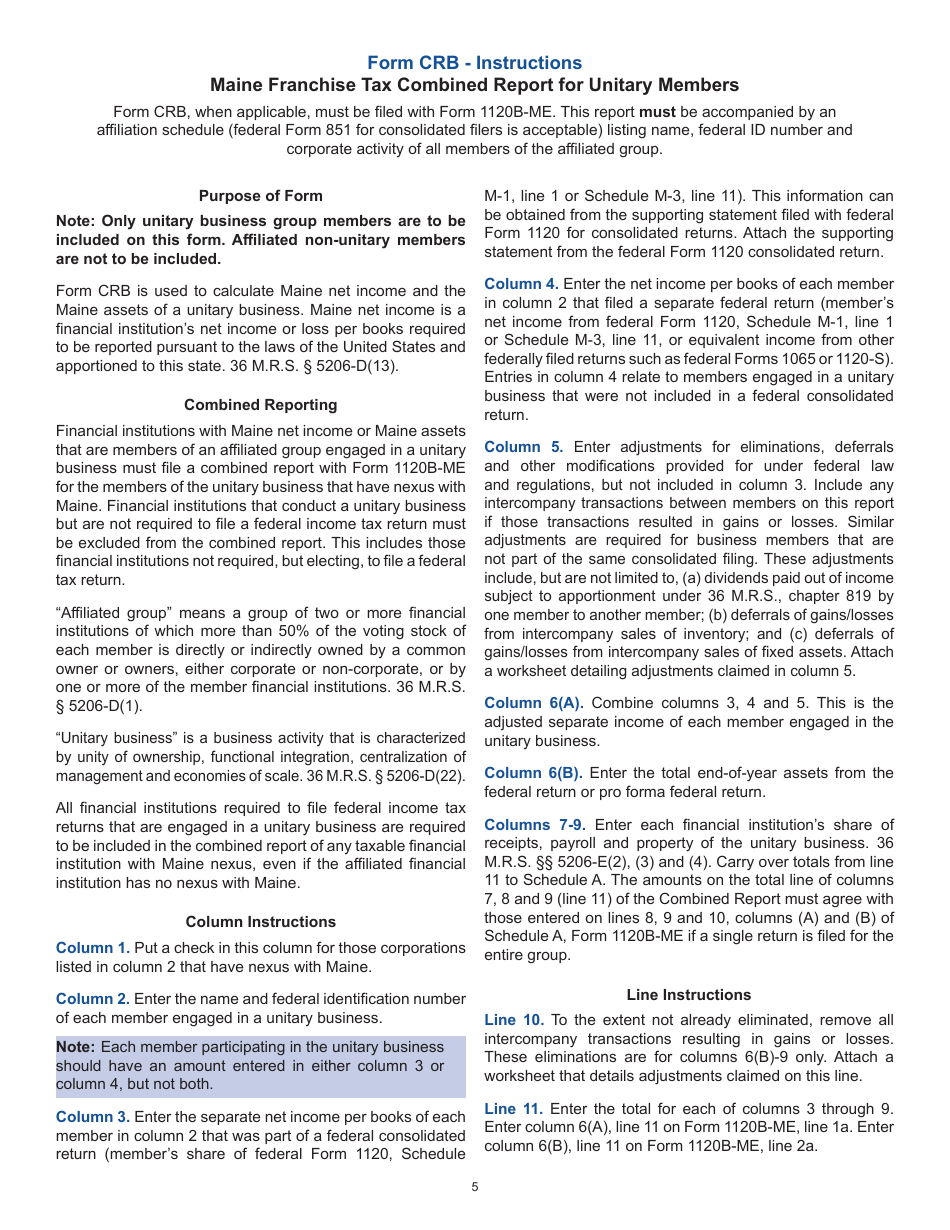 Instructions for Form 1120B-ME Maine Franchise Tax Return for Financial Institutions - Maine, Page 5
