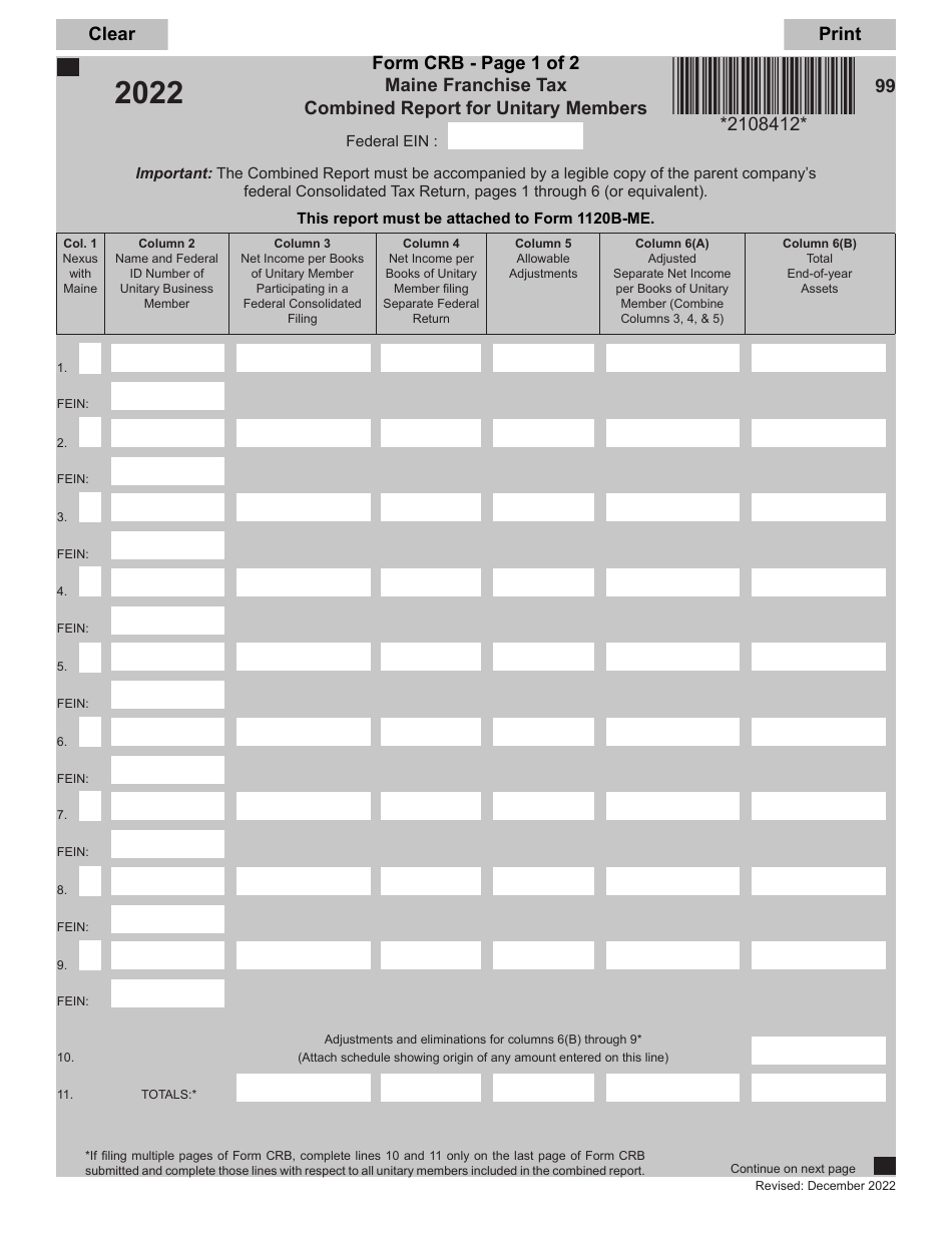 Form CRB Franchise Tax Combined Report for Unitary Members - Maine, Page 1