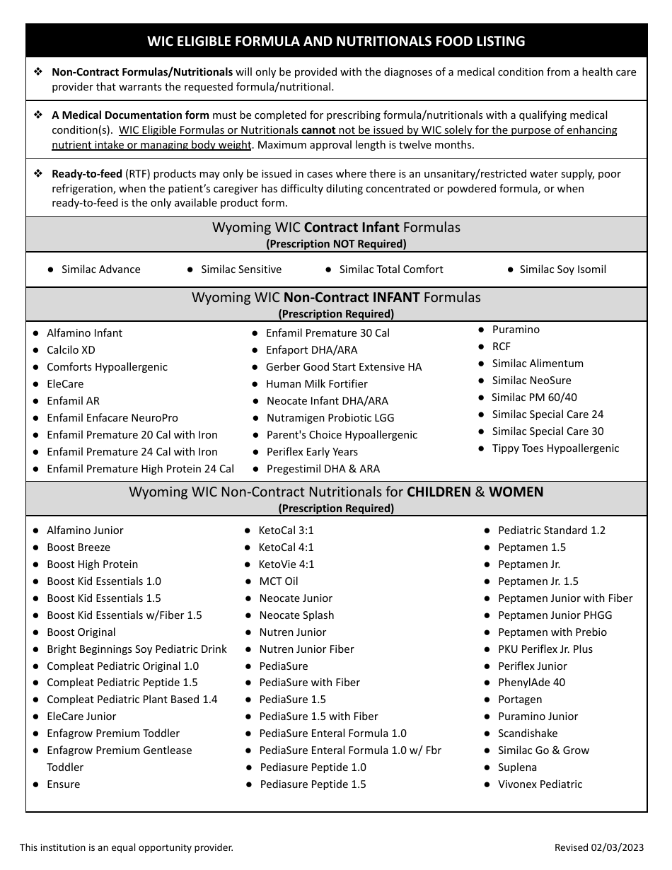 Wic Eligible Formulas and Medical Documentation Form - Wyoming, Page 1