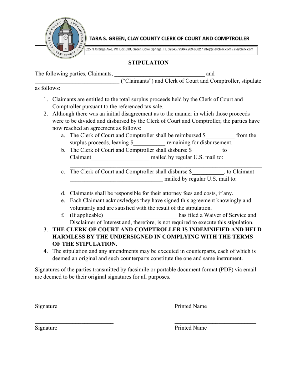 Clay County, Florida Stipulation (Claimants) Fill Out, Sign Online
