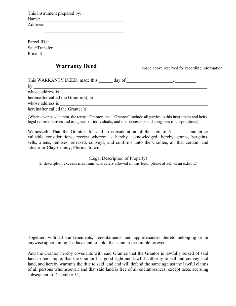 Clay County, Florida Warranty Deed Fill Out, Sign Online and Download