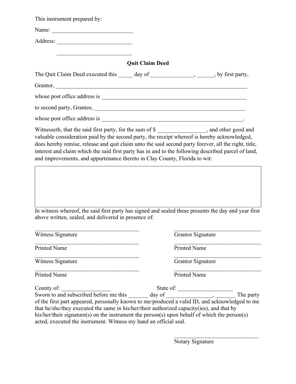 Clay County, Florida Quit Claim Deed Download Fillable PDF Templateroller