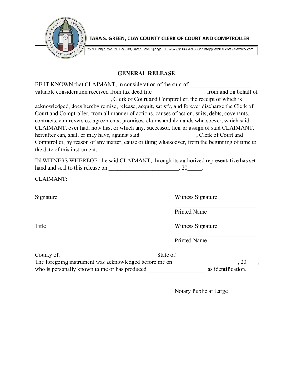 Clay County, Florida General Release Fill Out, Sign Online and