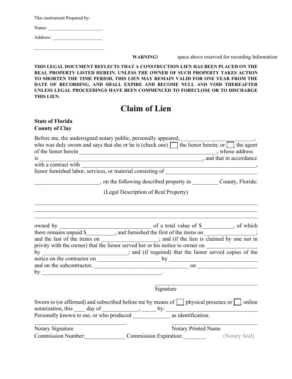 Clay County, Florida Claim of Lien Fill Out, Sign Online and Download