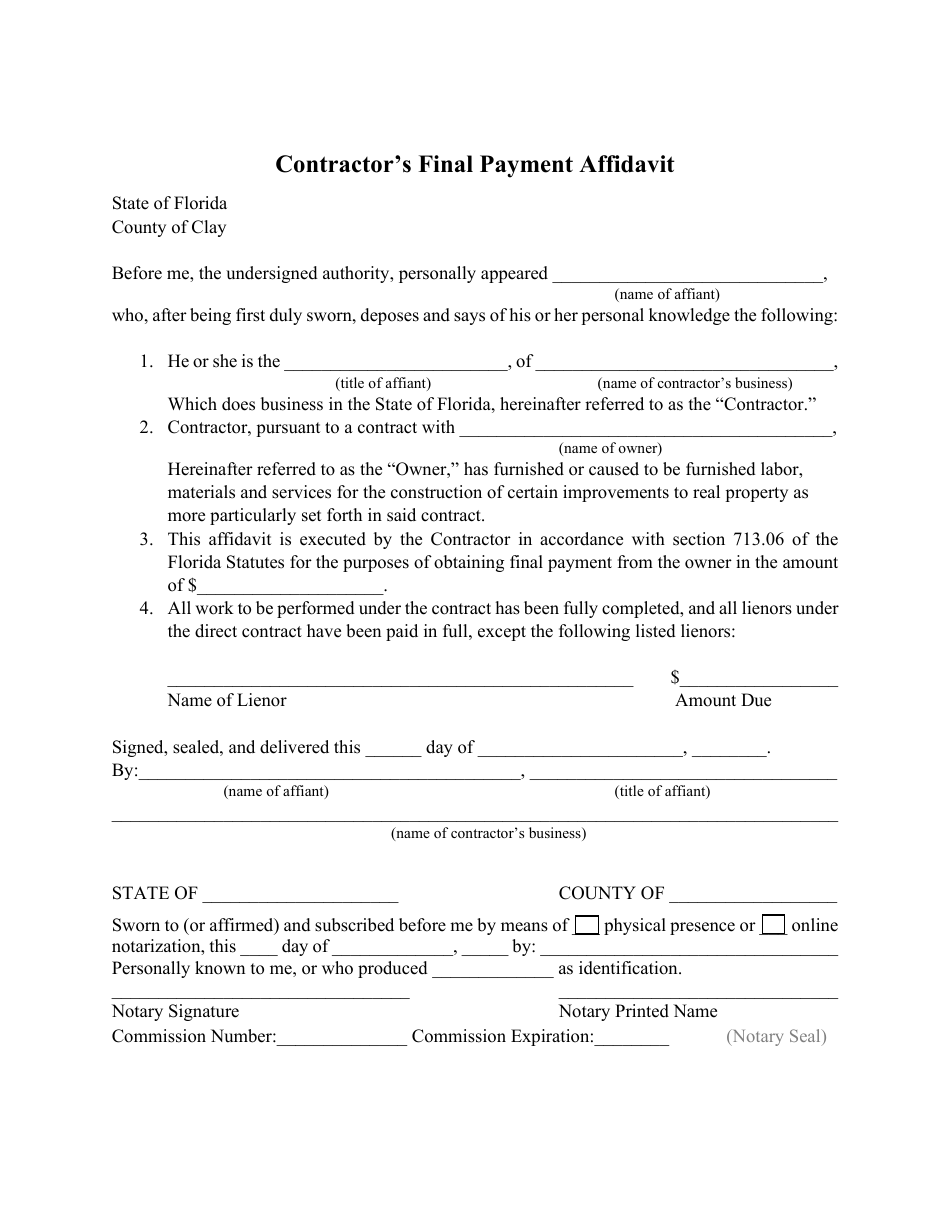 Contractors Final Payment Affidavit - Clay County, Florida, Page 1