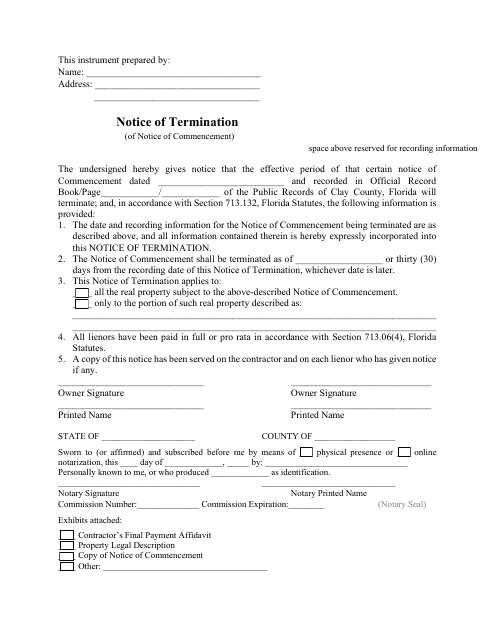 Notice of Commencement Termination - Clay County, Florida Download Pdf