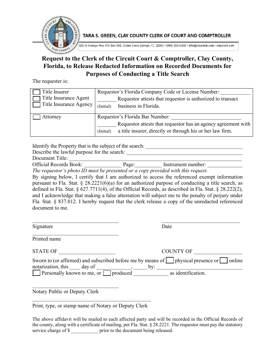 Request to Release Redacted Information on Recorded Documents for Title Search - Clay County, Florida, Page 1