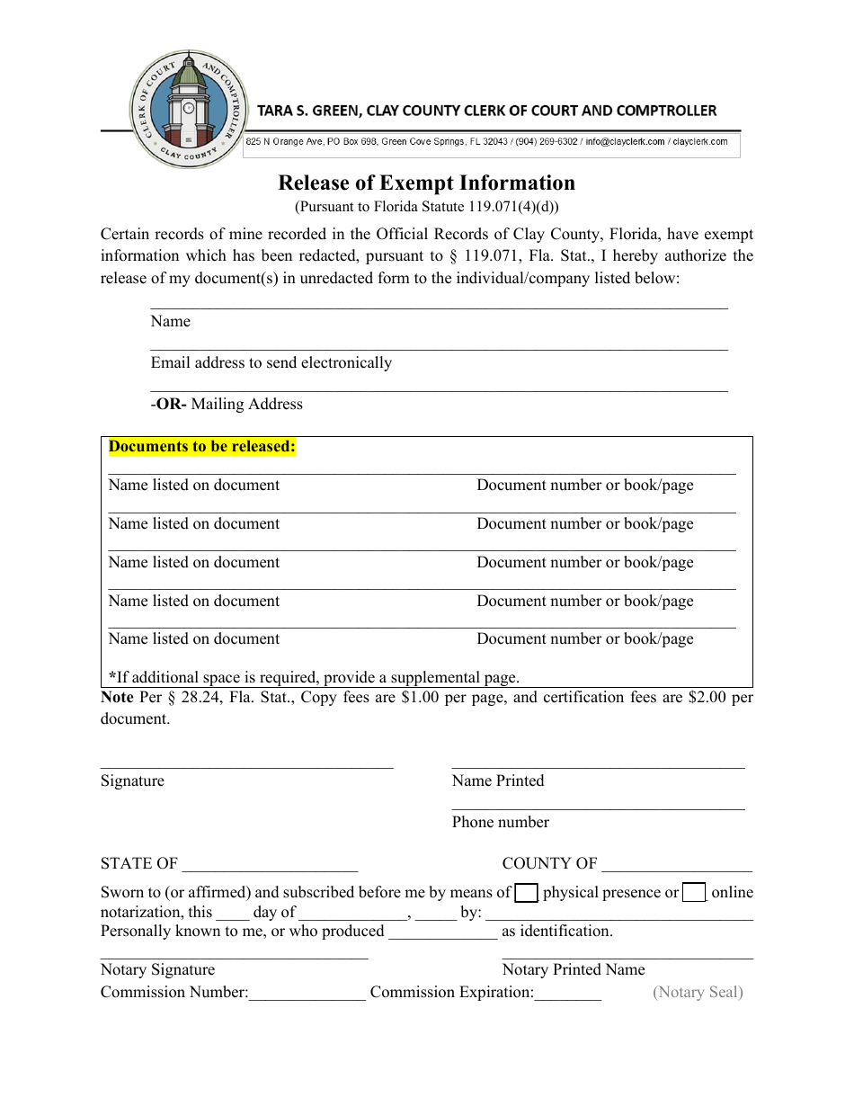 Clay County, Florida Release of Exempt Information - Fill Out, Sign ...