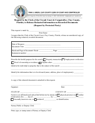 Document preview: Request to Release Redacted Information on Recorded Documents Protected Party - Clay County, Florida