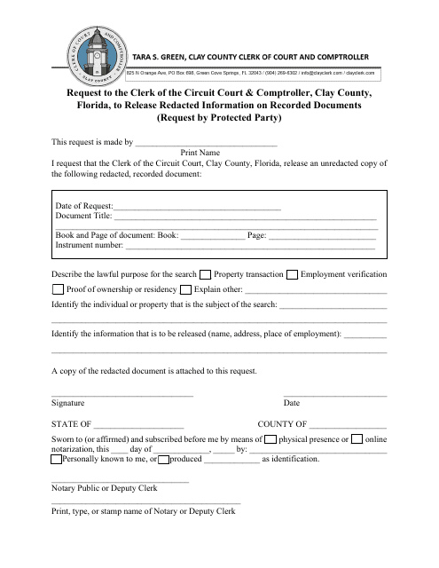Request to Release Redacted Information on Recorded Documents Protected Party - Clay County, Florida Download Pdf