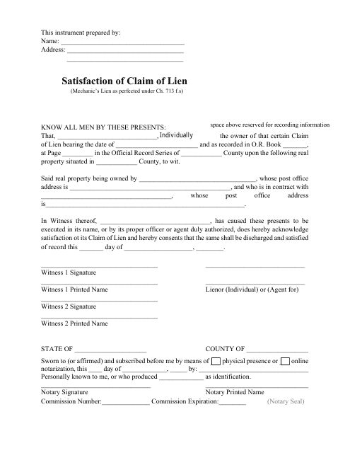 Satisfaction of Claim of Lien - Clay County, Florida Download Pdf