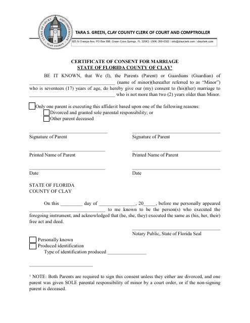 Certificate of Consent for Marriage - Clay County, Florida Download Pdf