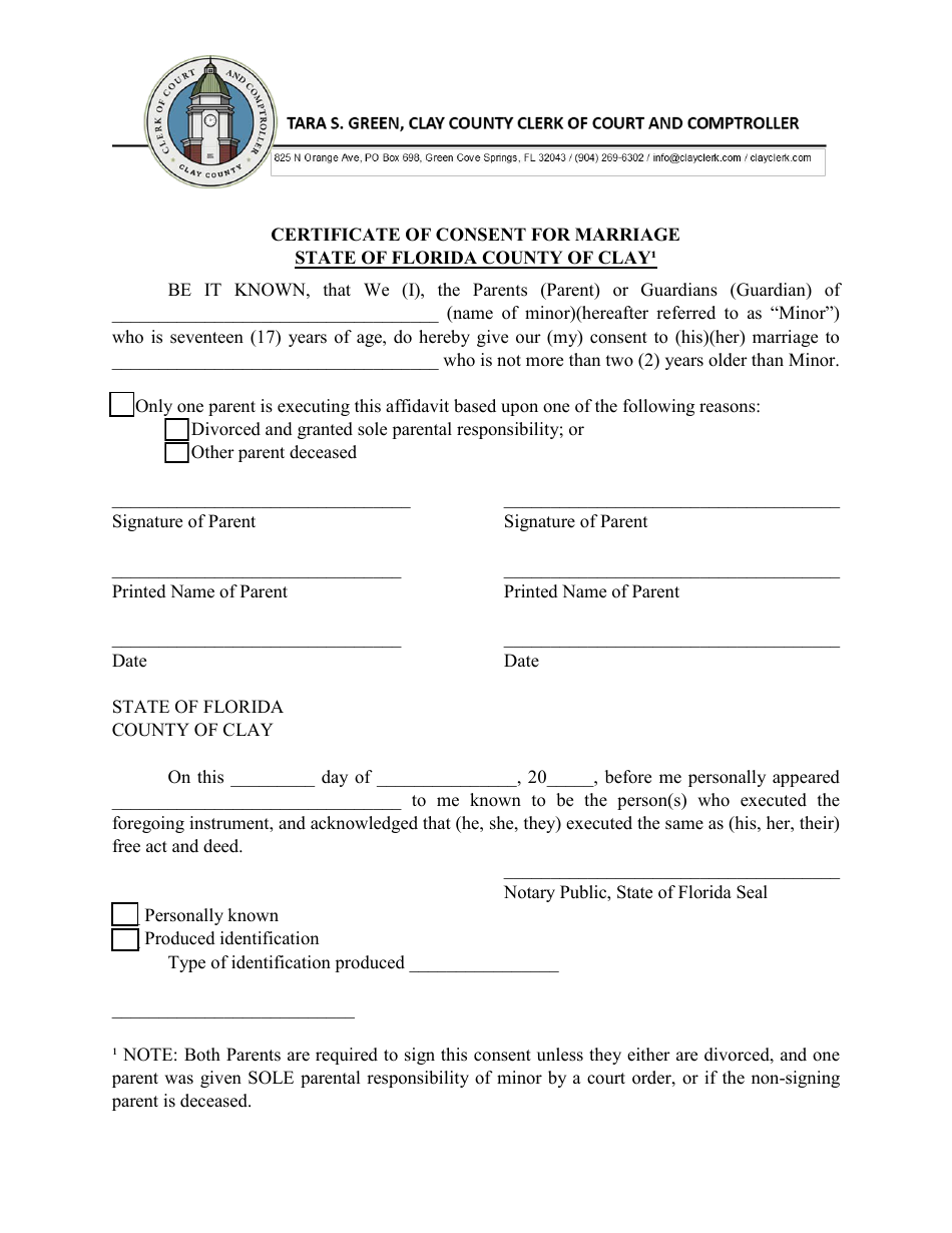 Certificate of Consent for Marriage - Clay County, Florida, Page 1