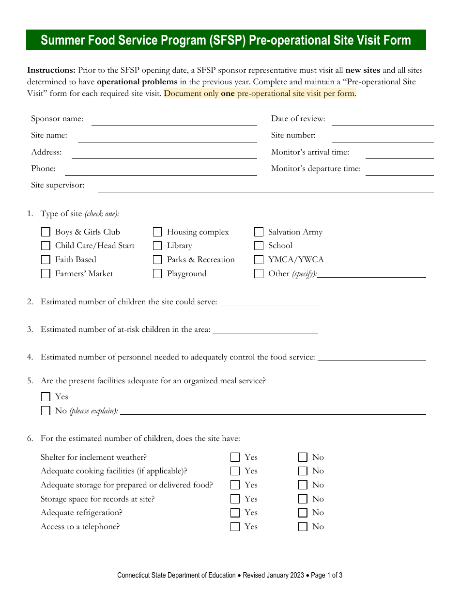 Summer Food Service Program (Sfsp) Pre-operational Site Visit Form - Connecticut, Page 1