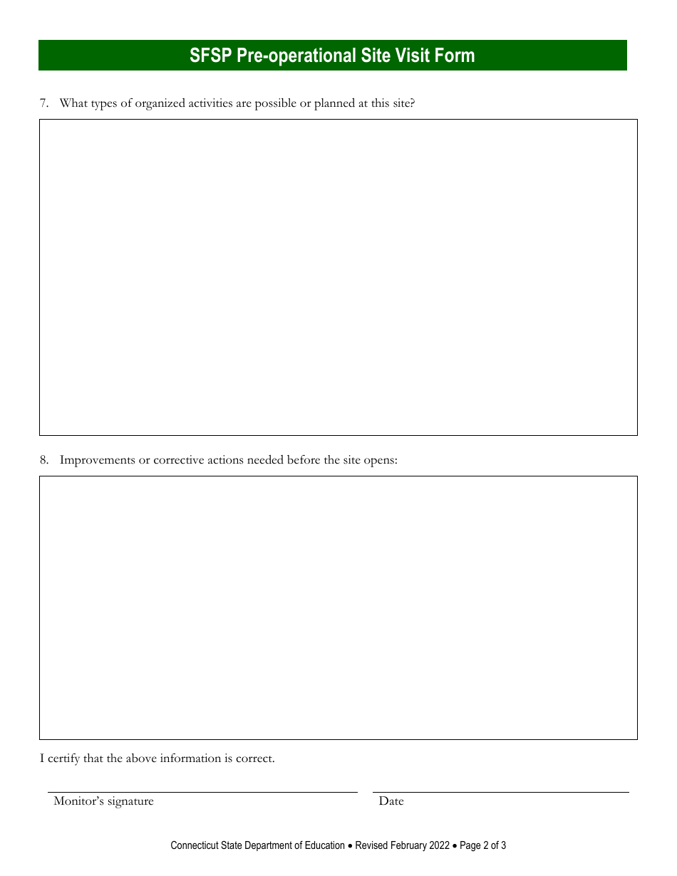 Summer Food Service Program (Sfsp) Pre-operational Site Visit Form - Connecticut, Page 2