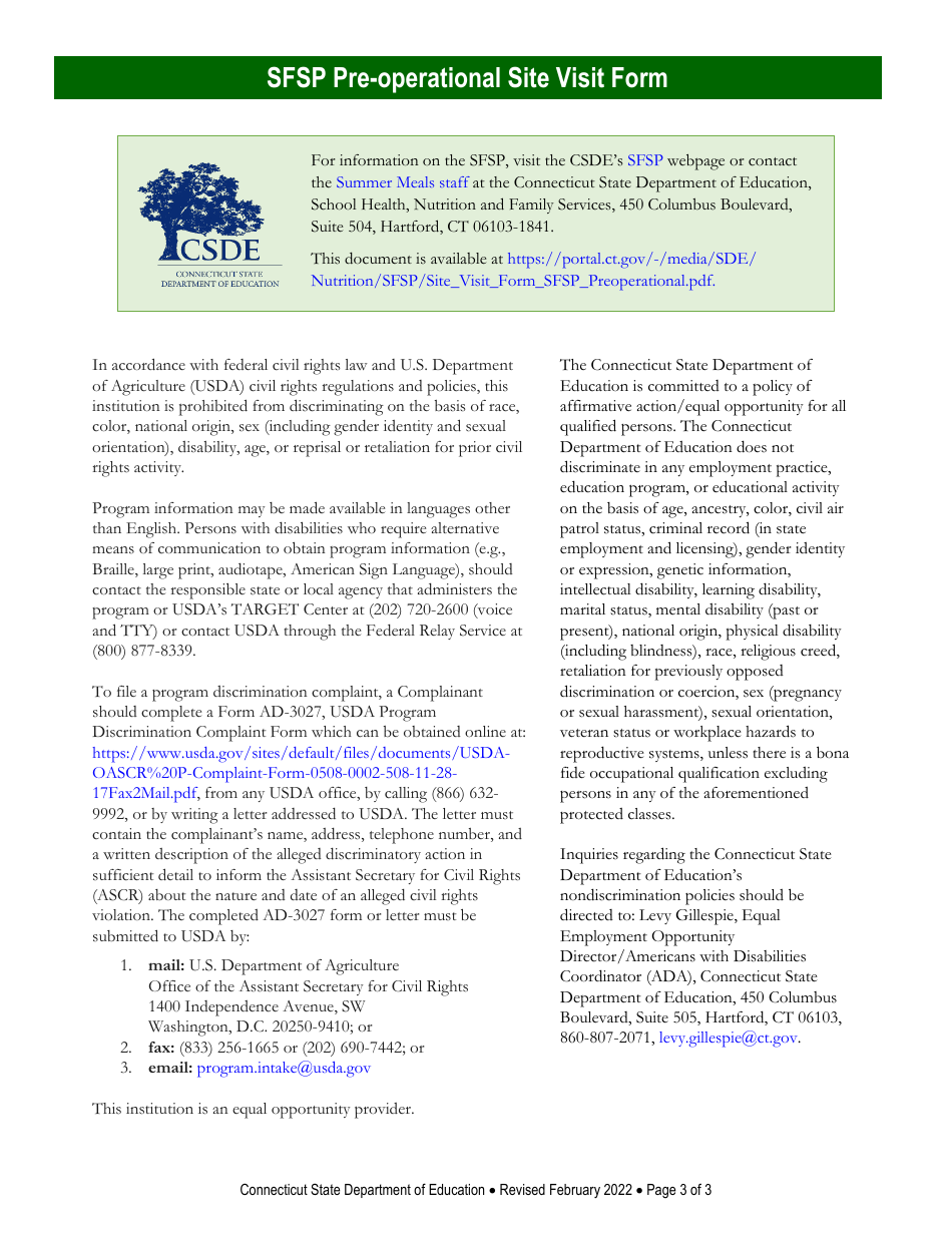 Summer Food Service Program (Sfsp) Pre-operational Site Visit Form - Connecticut, Page 3