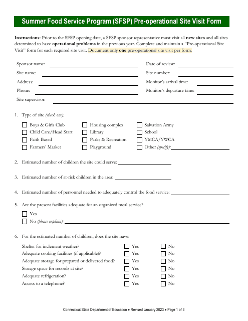 Summer Food Service Program (Sfsp) Pre-operational Site Visit Form - Connecticut Download Pdf