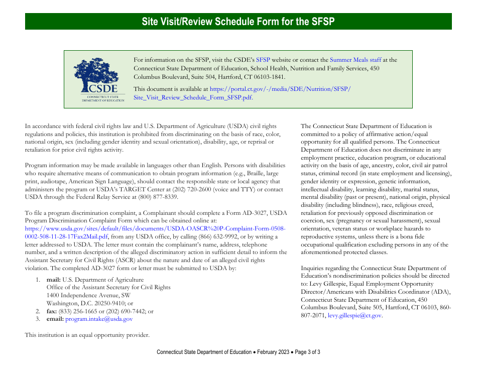 Site Visit / Review Schedule Form for the Summer Food Service Program (Sfsp) - Connecticut, Page 3