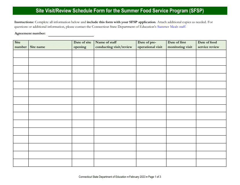 Site Visit / Review Schedule Form for the Summer Food Service Program (Sfsp) - Connecticut Download Pdf
