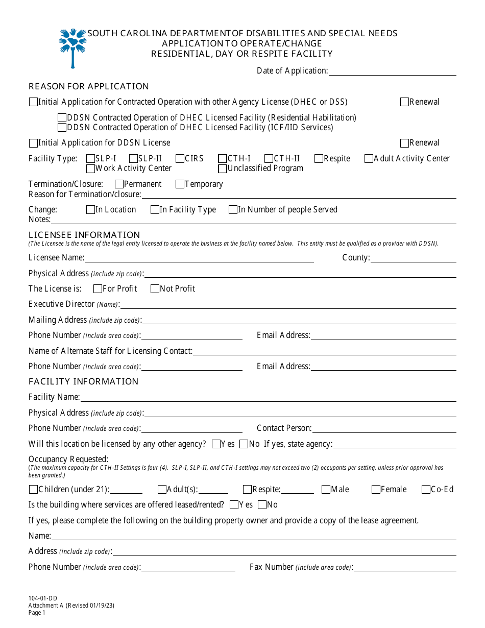 Attachment A Application to Operate / Change Residential, Day or Respite Facility - South Carolina, Page 1
