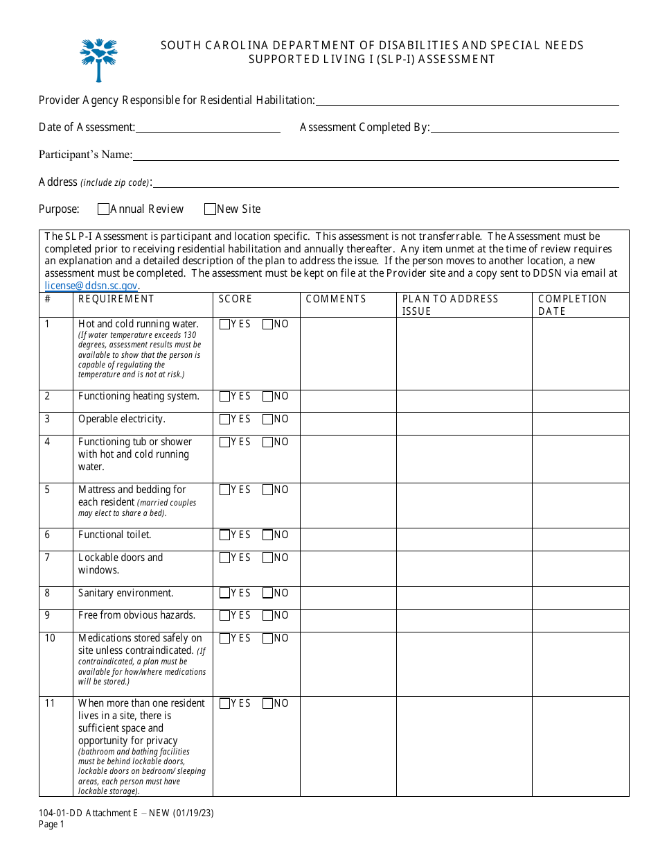 Attachment E Supported Living I (Slp-I) Assessment - South Carolina, Page 1