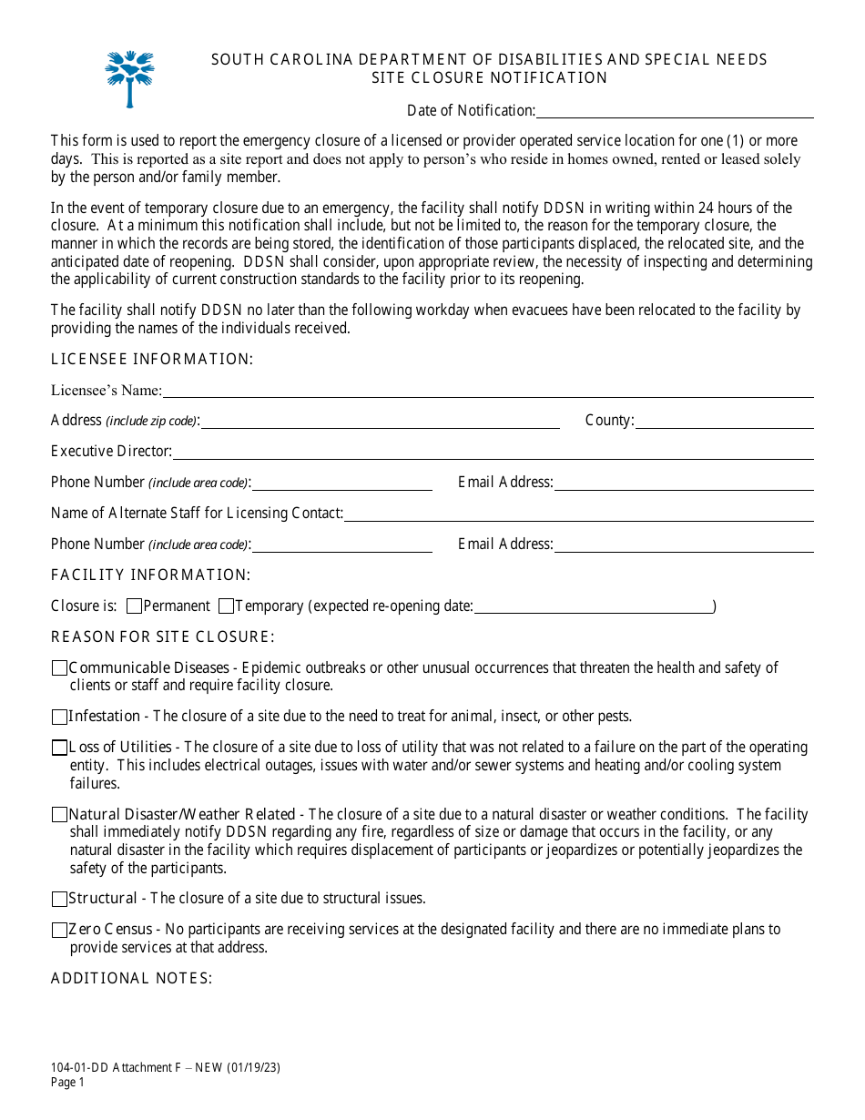 Attachment F Site Closure Notification - South Carolina, Page 1