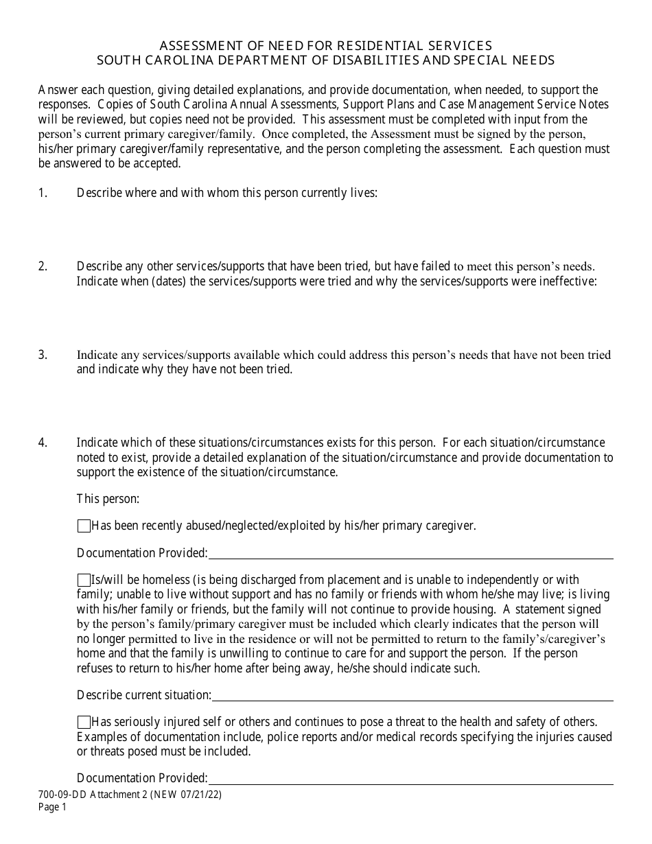 Attachment 2 Assessment of Need for Residential Services - South Carolina, Page 1