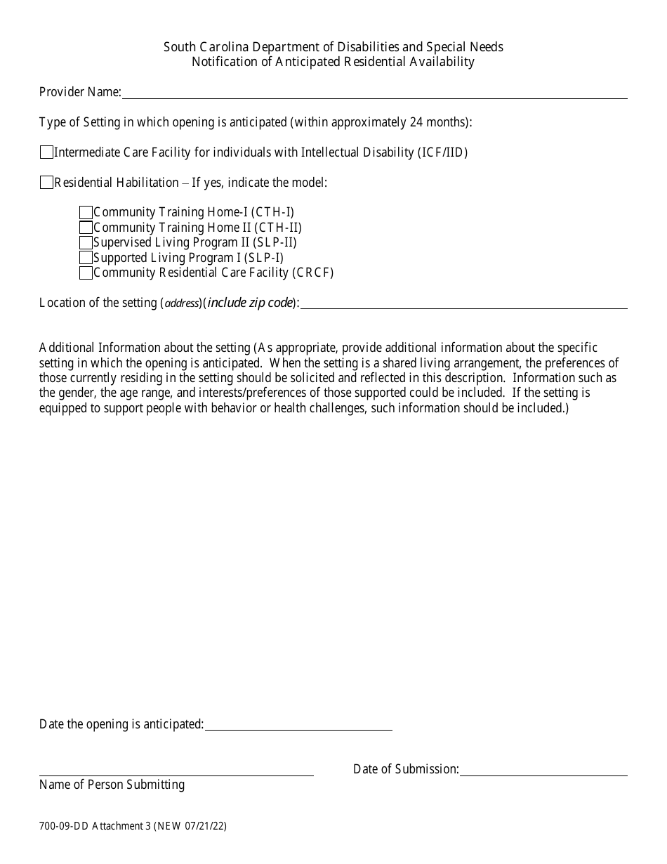 Attachment 3 Notification of Anticipated Residential Availability - South Carolina, Page 1