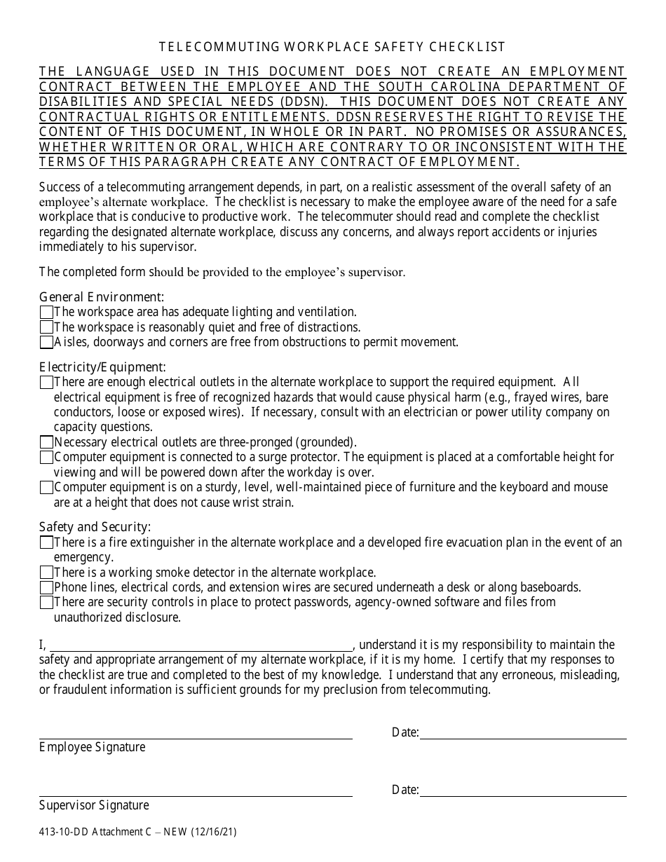 Attachment C Telecommuting Workplace Safety Checklist - South Carolina, Page 1