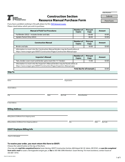 Form 734-5110 Construction Section Resource Manual Purchase Form - Oregon