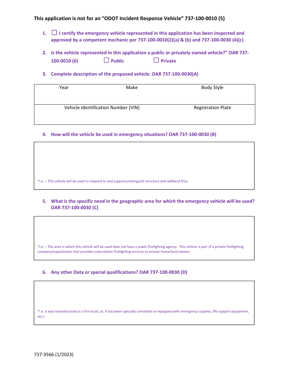 Form 737-3566 Emergency Vehicle Designation Application - Oregon, Page 2