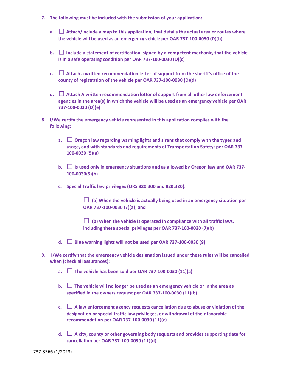 Form 737-3566 Emergency Vehicle Designation Application - Oregon, Page 3