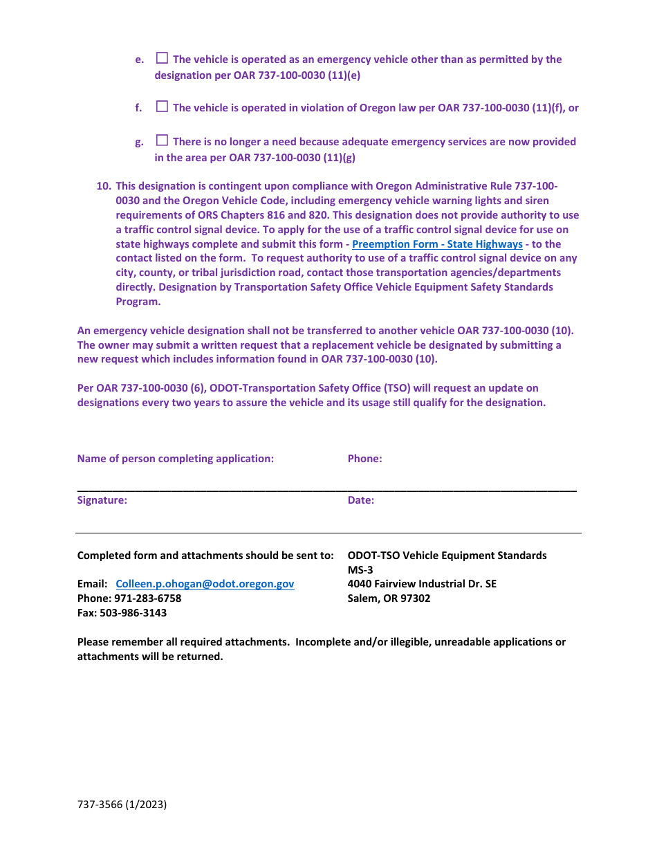 Form 737-3566 Emergency Vehicle Designation Application - Oregon, Page 4