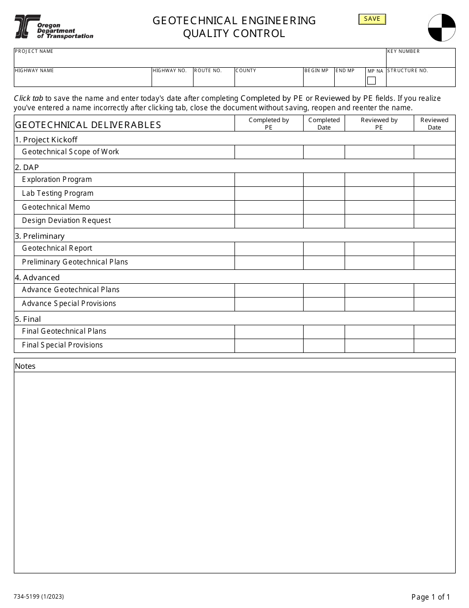Form 734-5199 Geotechnical Engineering Quality Control - Oregon, Page 1