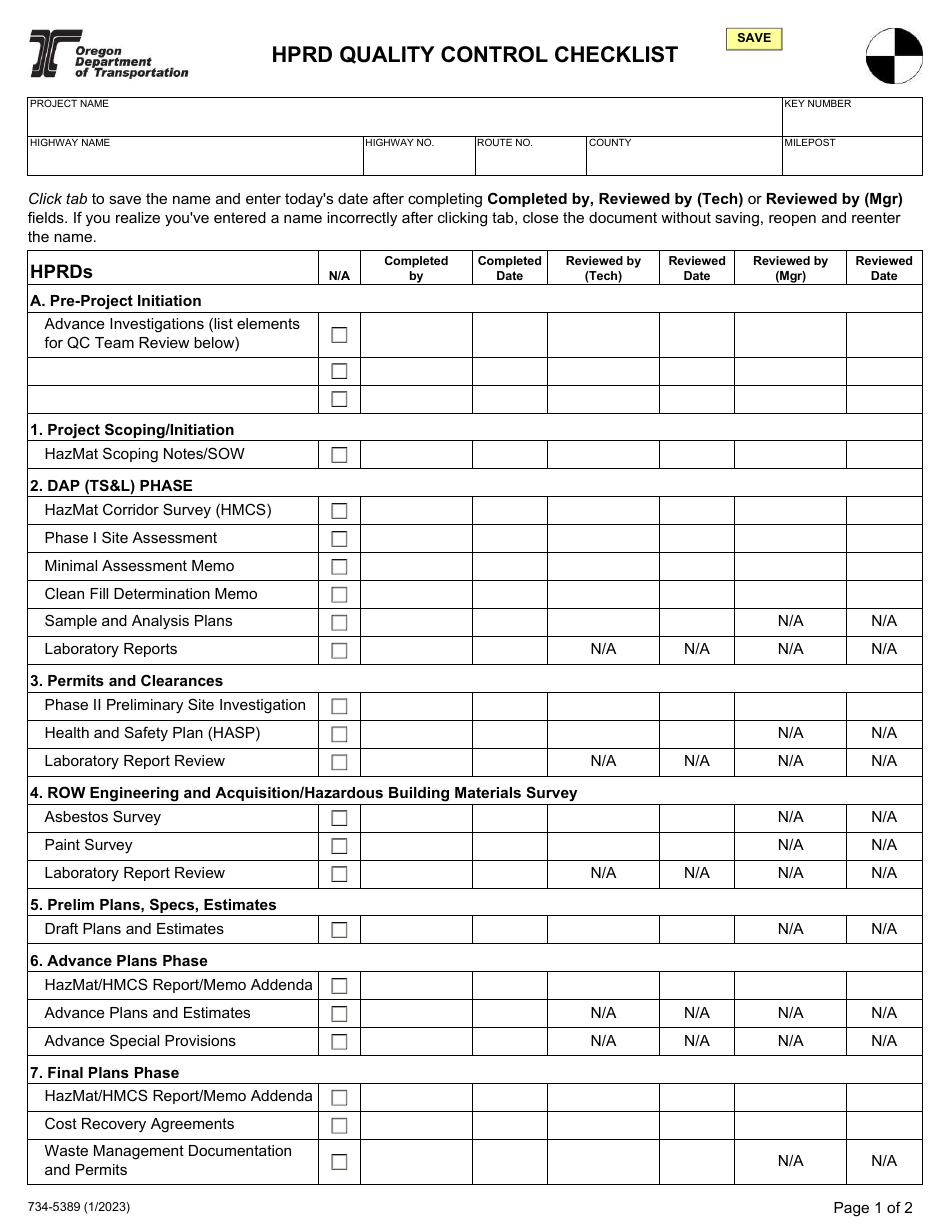 Form 734-5389 Hprd Quality Control Checklist - Oregon, Page 1